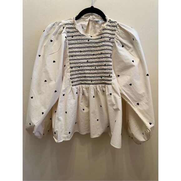 ZARA Heart Print Long Puff Sleeve Romantic Baby Doll Blouse Size Small - Picture 3 of 5